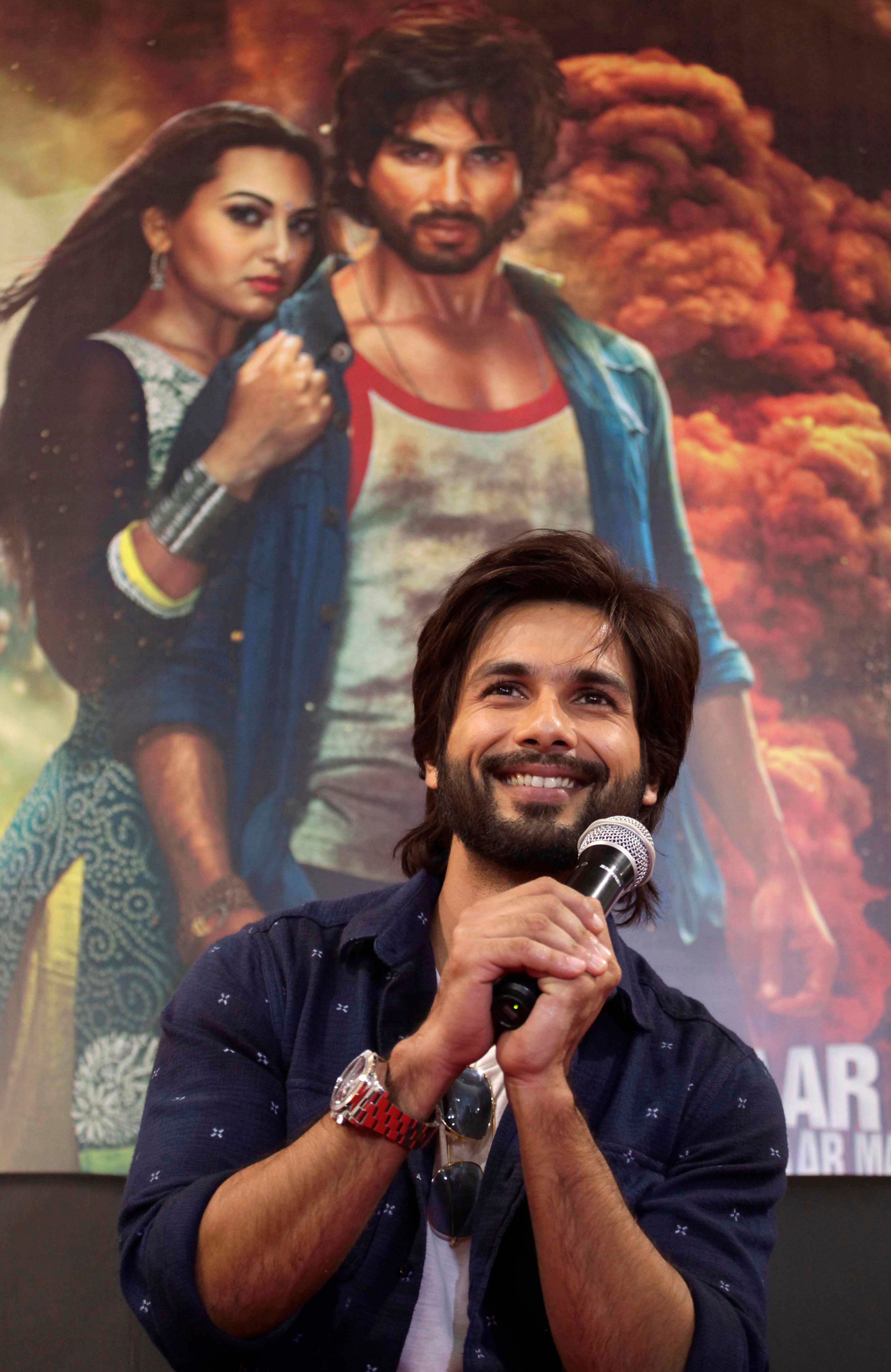 Shahid Kapoor takes a question from a journalist during a press conference to promote his upcoming movie 