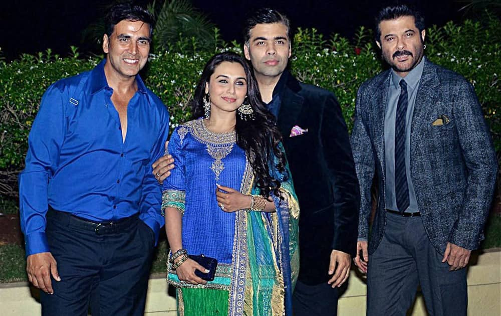 Akshay Kumar, Rani Mukherji, Anil Kapoor and filmmaker Karan Johar at the wedding reception of Mahesh Bhatt's son Vishesh Bhatt in Mumbai.