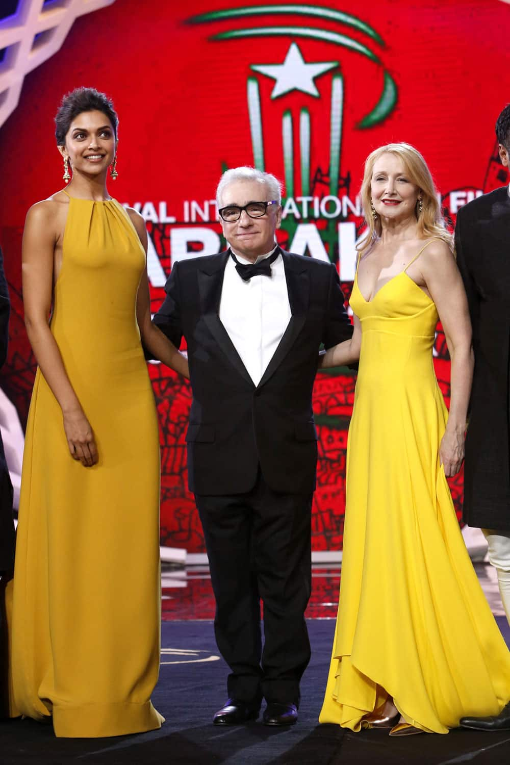 Bollywood actress Deepika Padukone and jury members, US film director Martin Scorsese and US actress Patricia Clarkson, pose during the opening ceremony at the Marrakech International Film Festival in Marrakech.