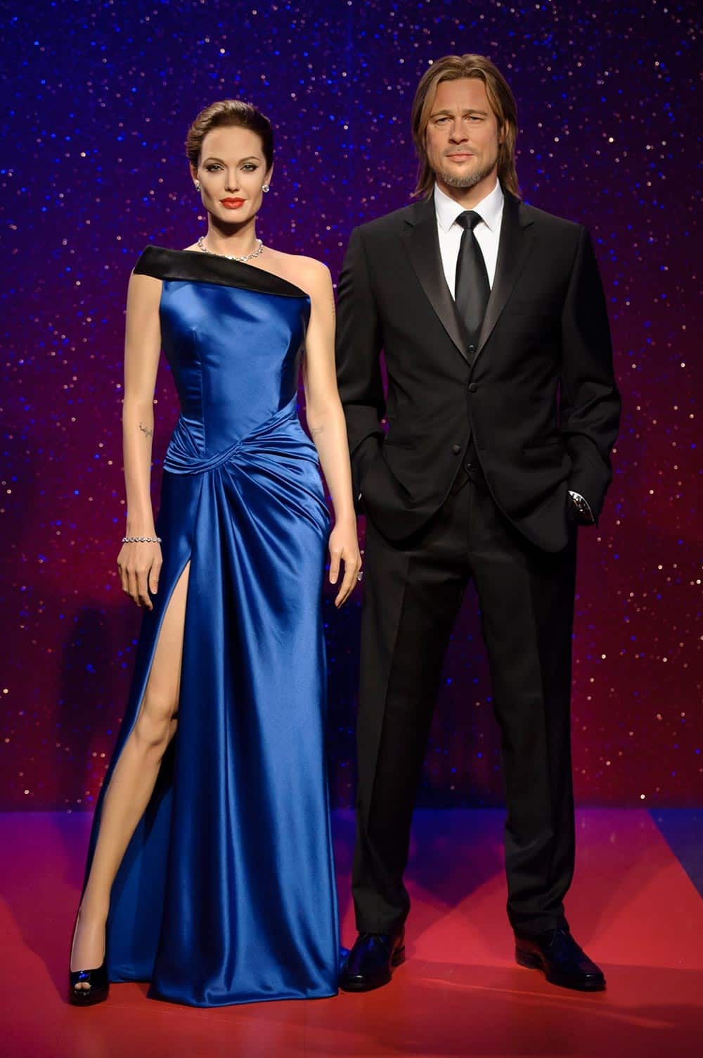 Wax figures of Hollywood actors Angelina Jolie and Brad Pitt are displayed in the party area of the wax museum.