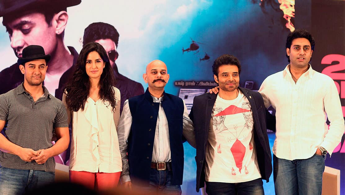 Bollywood actors Abhishek Bachchan, Katrina Kaif, Aamir Khan and Uday Chopra during a promotional event of their upcoming movie 'Dhoom 3' in Chennai.