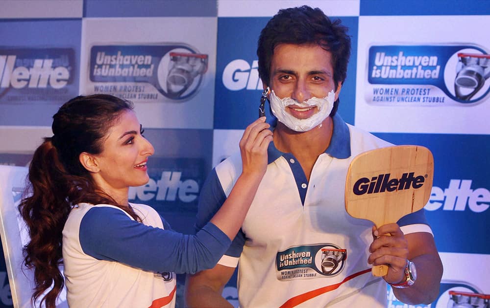 Soha Ali Khan and Sonu Sood during the launch of Gillette's shave everyday (Unshaven is Unbathed) campaign in New Delhi.