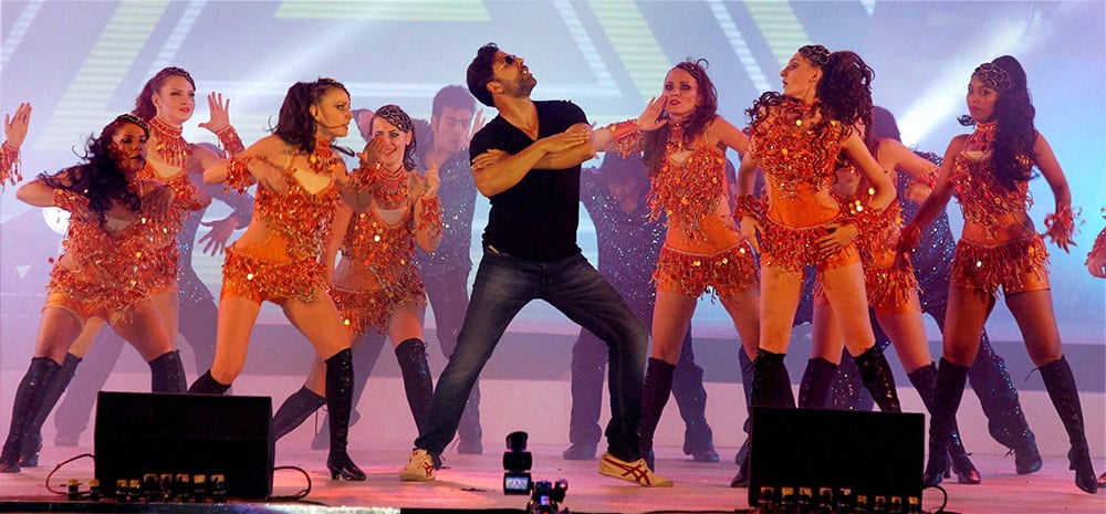 Bollywood actor Akshay Kumar performing during the pre-centenary celebration of East Bengal Club at Salt Lake stadium in Kolkata.