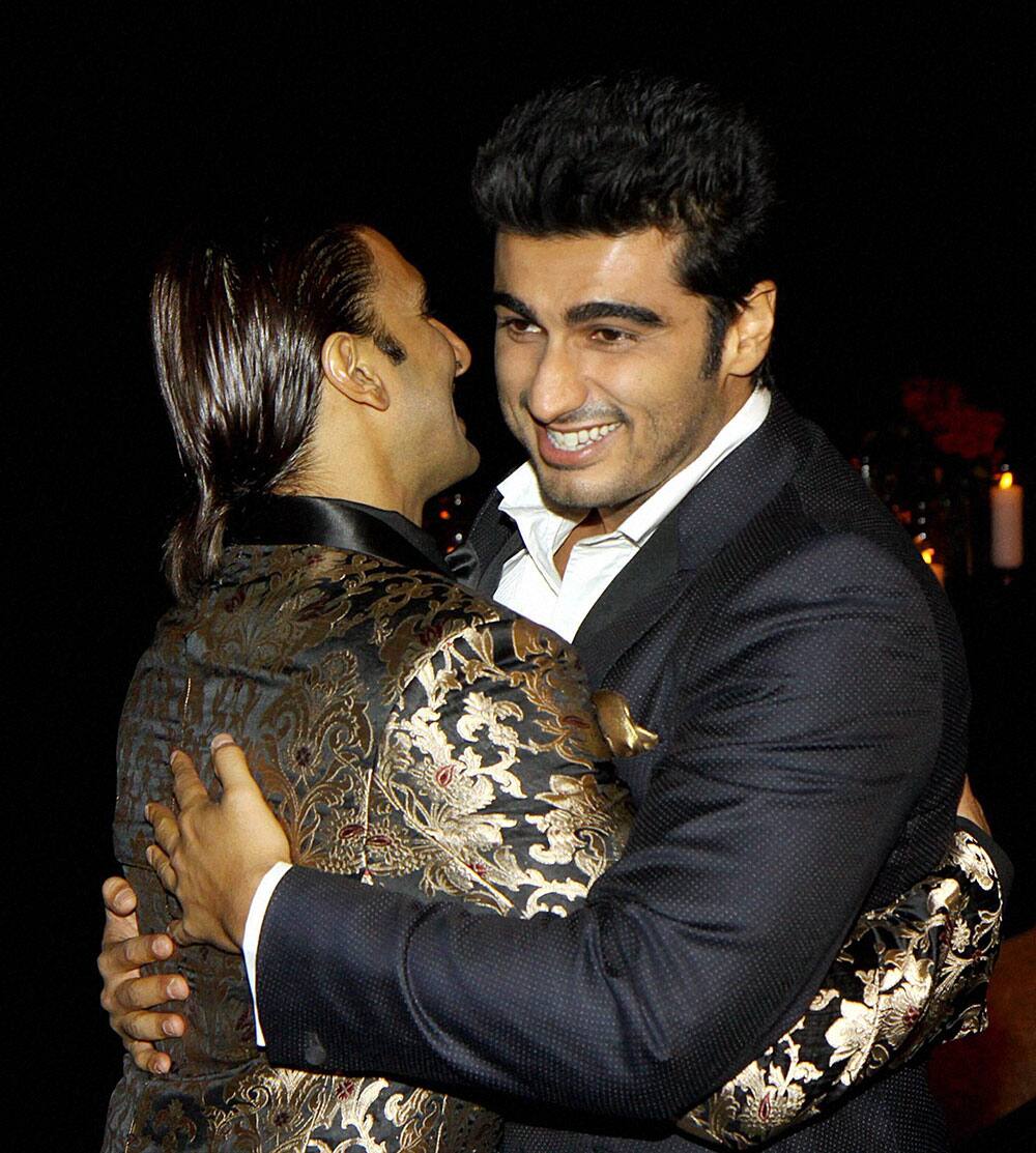 Bollywood actor Ranveer Singh with Actor Arjun Kapoor arrives to attend a party hosted by actress Deepika Padukone in Mumbai.