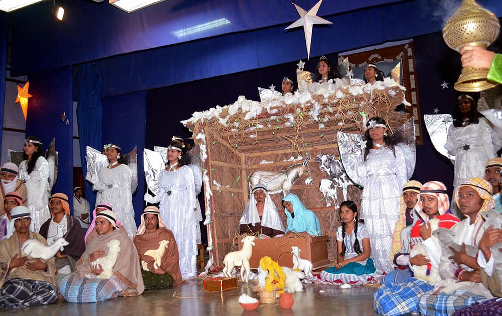 Students re-enact a nativity scene ahead of Christmas in Coimbatore.