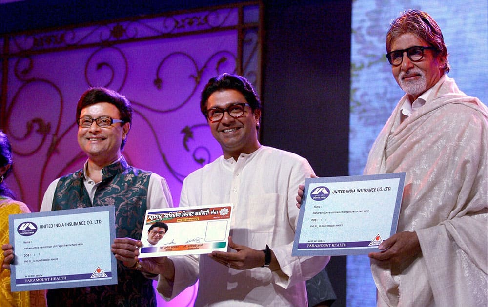 MNS Chief Raj Thackeray and Bollywood Super Star Amitabh Bachchan and actor Sachin during the launch of Insurance policy for cine artists, an initiative by Maharashtra Navanirman Chitrapat Sena, in Mumbai.