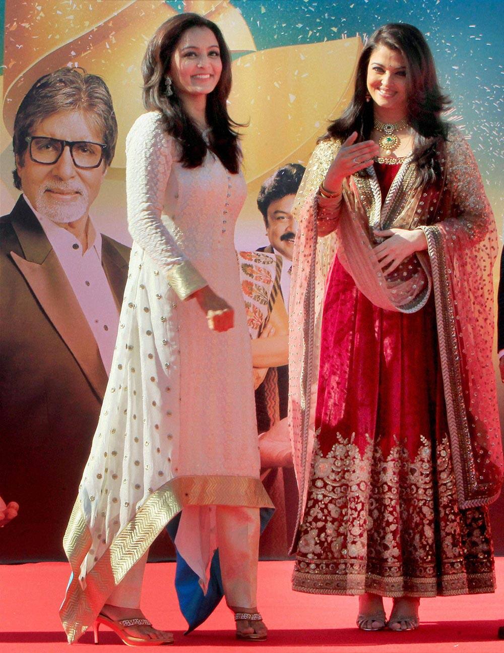 Bollywood actor Aishwarya Rai Bachchan with an actress at the inauguration of a jewelery store in Dubai.