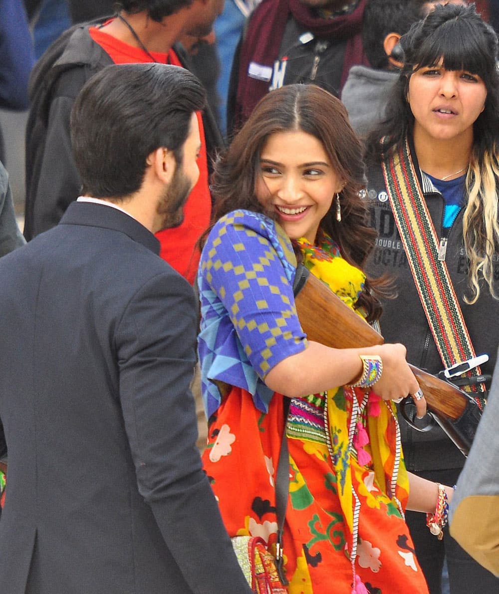 Bollywood actress Sonam Kapoor during a shoot of her upcoming Film 'Khoobsurat' at Amber in Jaipur.