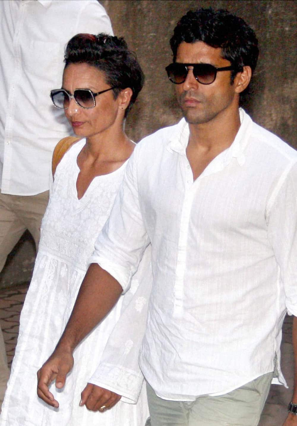 Farhan Akhtar with wife Adhuna Akhtar attend funeral of actor Farooq Shaikh in Mumbai.