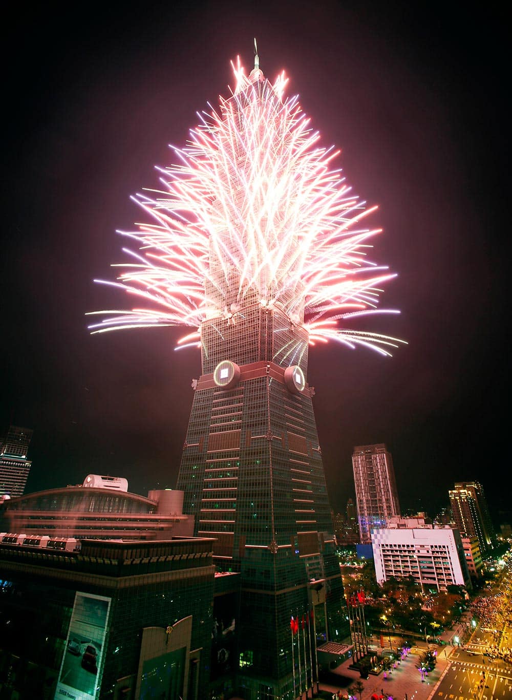 A fireworks display is set off from the Taipei101 skyscraper during New Year's Eve celebrations in Taipei, Taiwan.