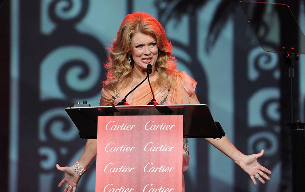 Host Mary Hart speaks on stage at the Palm Springs International Film Festival Awards Gala at the Palm Springs Convention Center.