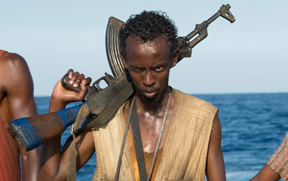 This photo released by Sony - Columbia Pictures shows Barkhad Abdi in a scene from the film, Captain Phillips. Abdi was nominated for an Academy Award for best supporting actor, for his role in the film.
