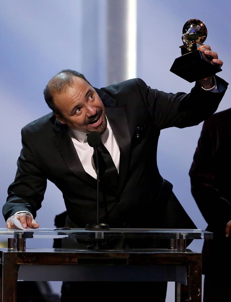 Terrance Simien of Terrance Simien & The Zydeco Experience accepts the best regional roots music album award for `Dockside Sessions` at the pre-telecast of the 56th annual GRAMMY Awards.