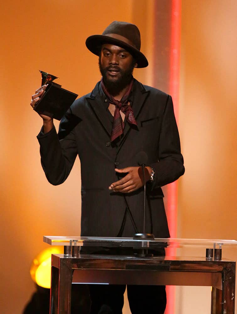 Gary Clark Jr. accepts the best traditional R&B performance award for `Please Come Home` at the pre-telecast of the 56th annual GRAMMY Awards.