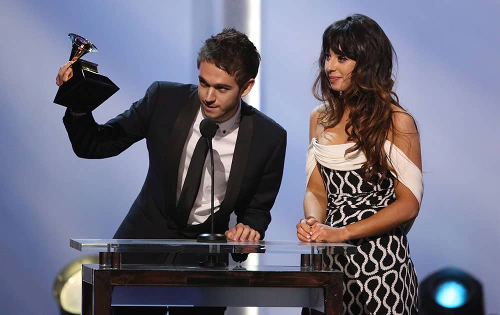Zedd and Foxes accept the best dance recording award for `Clarity` at the pre-telecast of the 56th annual GRAMMY Awards.