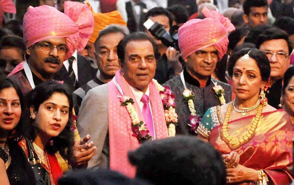 Bollywood actress Hema Malini and Dharmendra during their dauther Ahana Deol's marriage in Mumbai.