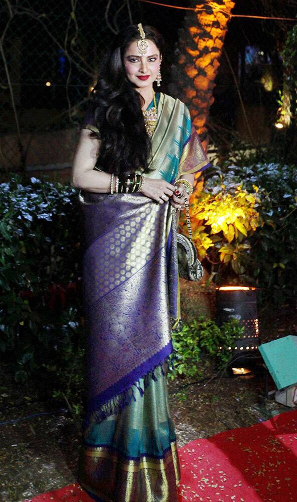 Bollywood actress Rekha at Hema Malini and Dharmendra's younger daughter Ahana Deol and Vaibhav Vora's wedding ceremony in Mumbai.