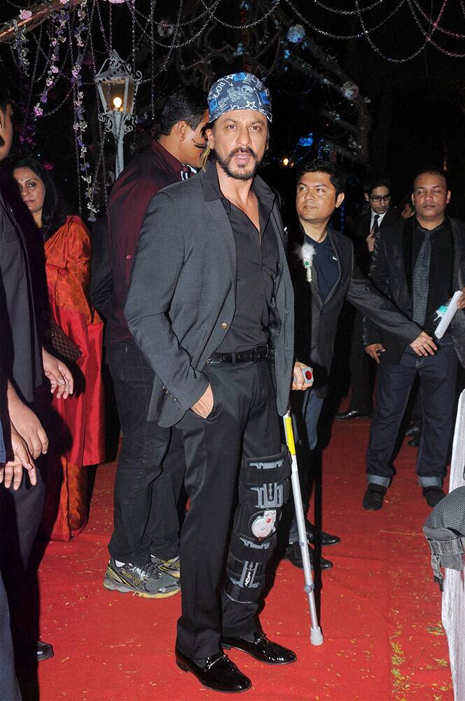 Bollywood actor Shahrukh Khan at Hema Malini and Dharmendra's younger daughter Ahana Deol and Vaibhav Vora's wedding ceremony in Mumbai.