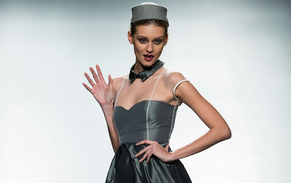 A model displays an Autumn/Winter design by Lady Cacahuete during the young designers show at Madrid Fashion Week.