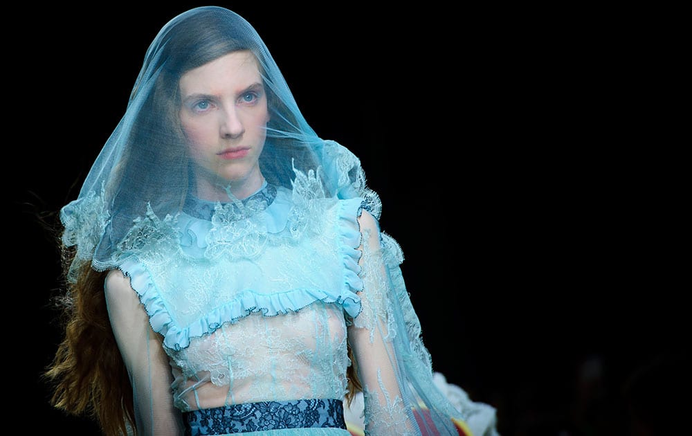 A model wears a design created by Meadham Kirchhoff during London Fashion Week Autumn/Winter 2014.