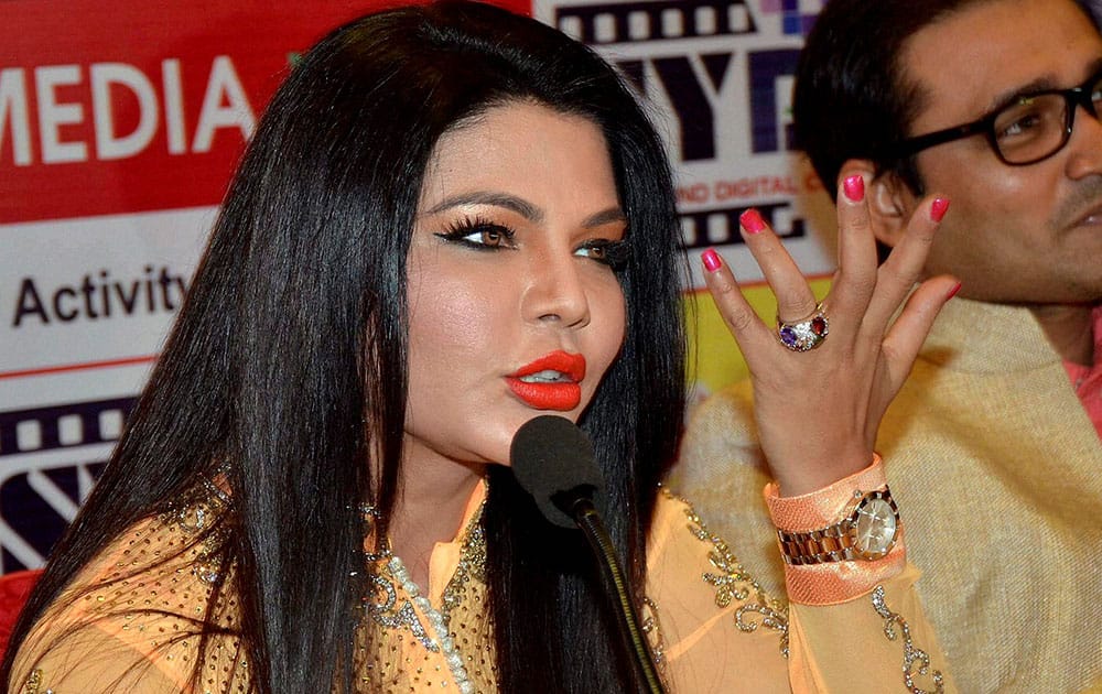 Bollywood actress and producer Rakhi Sawant during promotion of her Bhojpuri film.