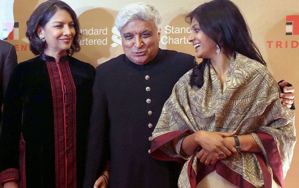 Bollywood actress Shabana Azmi along with Javed Akhtar and Nandita Das at an event in Mumbai.