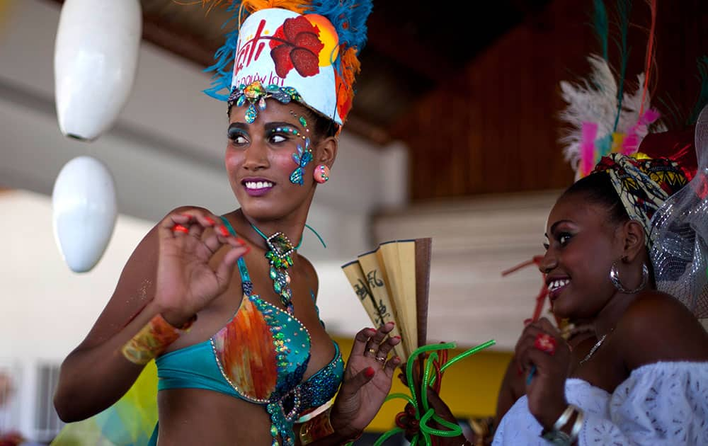 Carnival Queen Fabienne Francois dances at Carnival celebrations in Jacmel, Haiti.