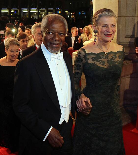 Former UN Secretary-General Kofi Annan and his wife Nane Annan arrive for the traditional Opera Ball in Vienna, Austria.