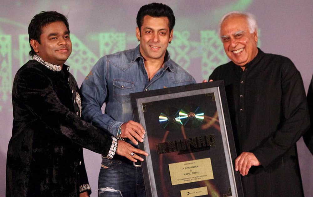 Union Law and IT Minister Kapil Sibal, actor Salman Khan and music composer A R Rahman at the launch of the latter's music album 'Raunaq' in Mumbai. Sibal wrote lyrics for the seven songs in the album.