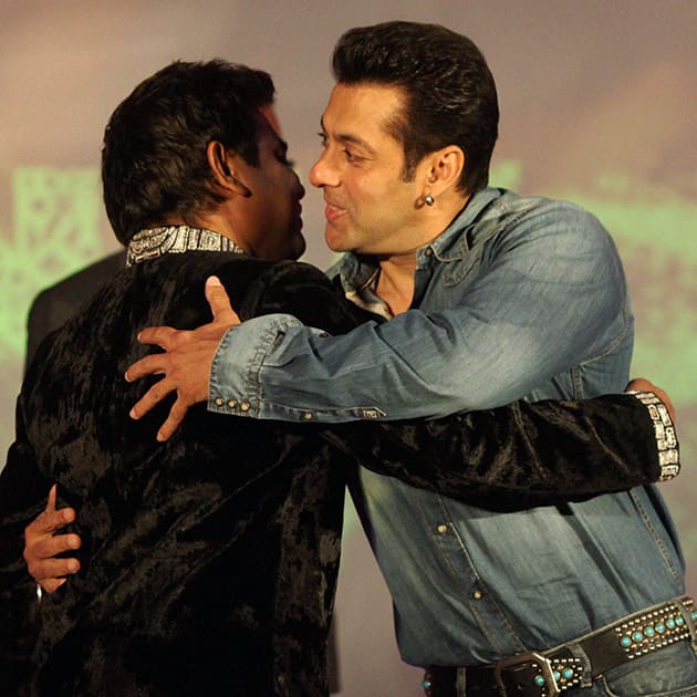 A R Rahman and actor Salman Khan during the launch of the former's music album 'Raunaq' in Mumbai. Union Law and IT Minister Kapil Sibal wrote lyrics for the seven songs in the album.