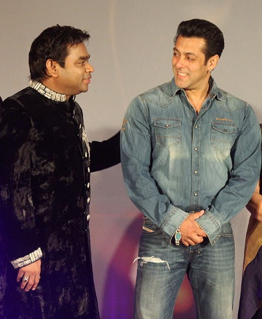 A R Rahman and actor Salman Khan during the launch of the former's music album 'Raunaq' in Mumbai. Union Law and IT Minister Kapil Sibal wrote lyrics for the seven songs in the album.