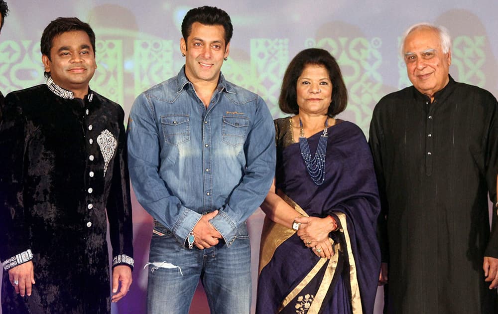 Union Law and IT Minister Kapil Sibal, his wife Promila Sibal, music composer A R Rahman and actor Salman Khan at the launch of the music album 'Raunaq' in Mumbai. Sibal wrote lyrics for the seven songs in the album.