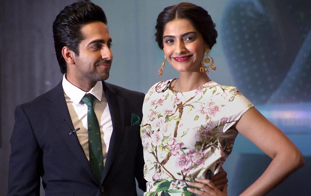 Sonam Kapoor alongwith Ayushmann Khurrana during a promotional event for their upcoming film 'Bewakoofiyaan' in Mumbai.