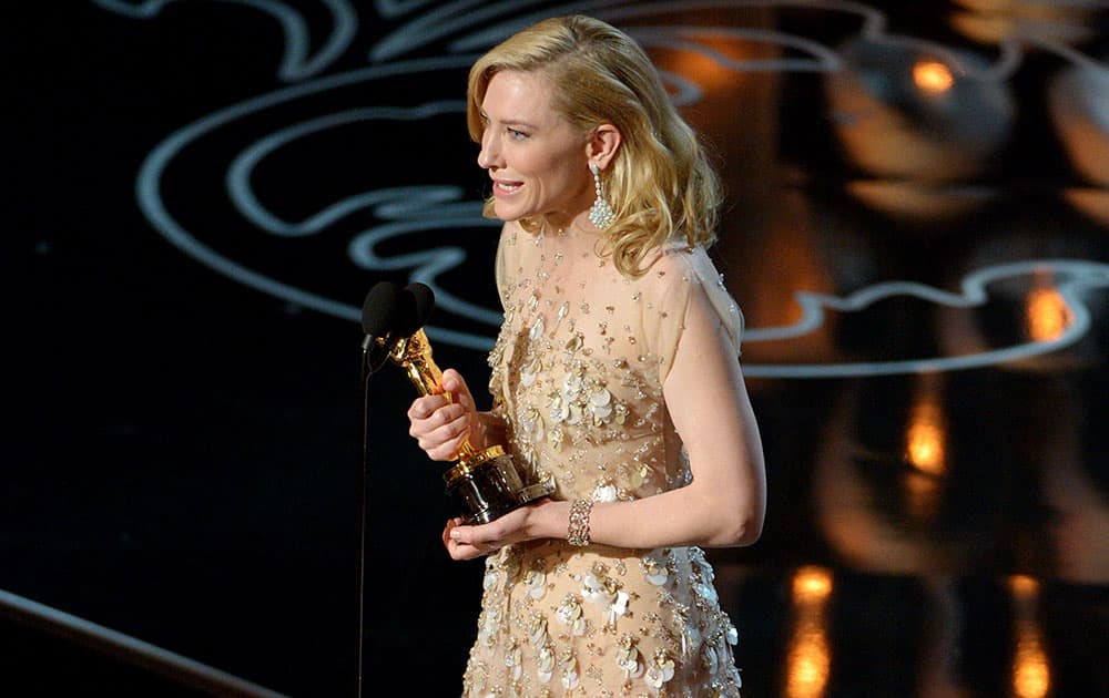 Cate Blanchett accepts the award for best actress in a leading role for 'Blue Jasmine' during the Oscars at the Dolby Theatre, in Los Angeles.