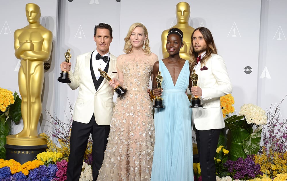 Matthew McConaughey, holds his award for best actor for his role in 'Dallas Buyers Club', Cate Blanchett holds her award for best actress in 'Blue Jasmine', Lupita Nyong'o holds her award for best supporting actress for '12 Years a Slave' and Jared Leto holds his award for best supporting actor.