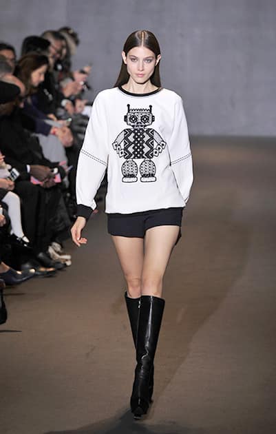 A model wears a creation for Andrew GN's ready-to-wear fall/winter 2014-2015 fashion collection presented in Paris.