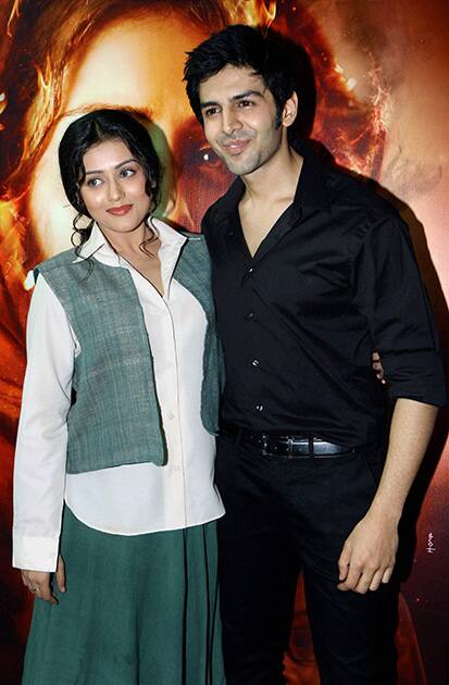 Kartik Aaryan and Mishti during the trailer launch of the film Kaanchi - The Unbreakable in Mumbai.