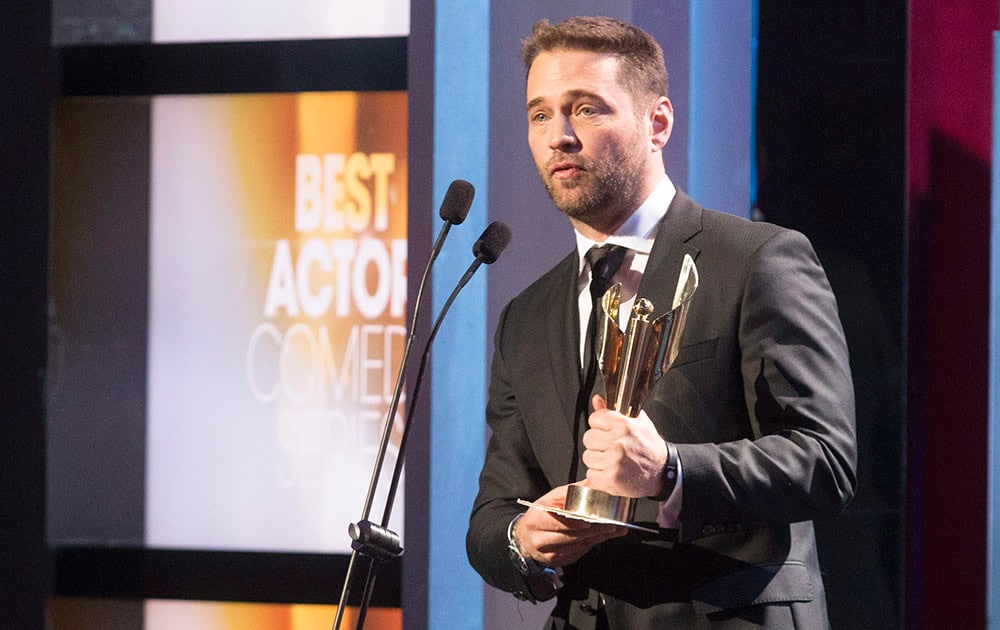 Jason Priestley accepts the award for Best Actor in a Leading Comedic Role at the Canadian Screen Awards in Toronto.