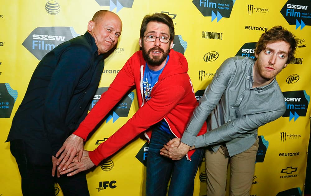 Mike Judge, from left, Martin Starr, and Thomas Middleditch pose on the red carpet for the world premiere of their television series `Silicon Valley` during the SXSW Film Festival  in Austin, Texas.