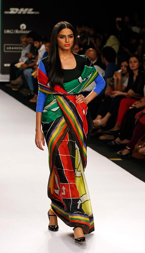 A model displays a creation by Digvijay Singh during the Lakme Fashion Week in Mumbai.