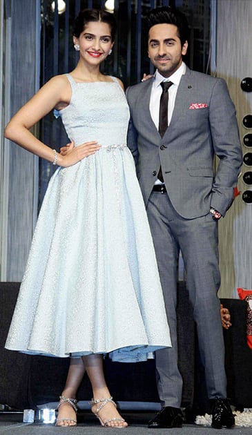 Bollywood actors Sonam Kapoor and Ayushmann Khurrana during the promotion of their upcoming film Bewakoofiyaan, in Mumbai.