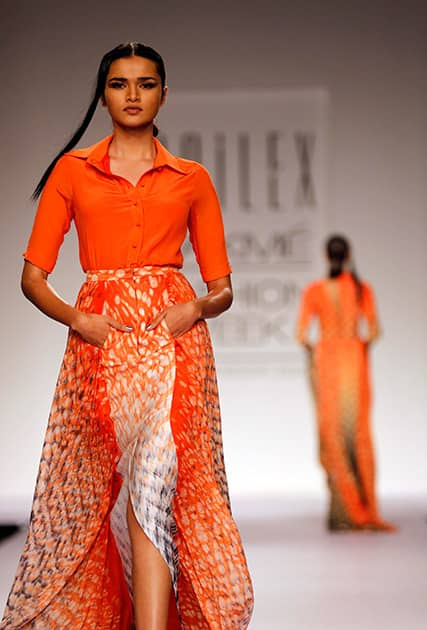 Models walk the runway to showcase creations by Sailex during the Lakme Fashion Week in Mumbai.