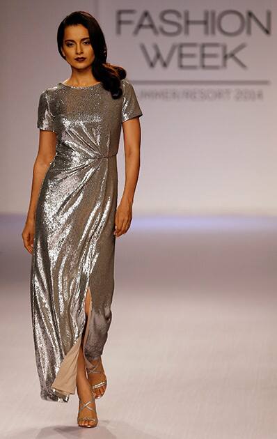 Kangana Ranaut walks the runway to showcase a creation by Dorothy Perkins during the Lakme Fashion Week in Mumbai.