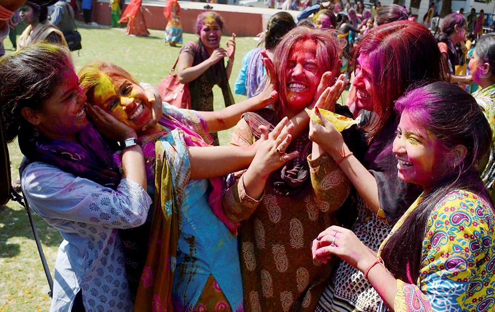 Students of Patna Women's College playing Holi in Patna.