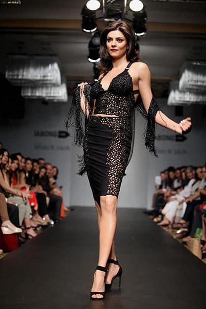 Bollywood actress Sushmita Sen walks the ramp during the Lakme Fashion Week in Mumbai.