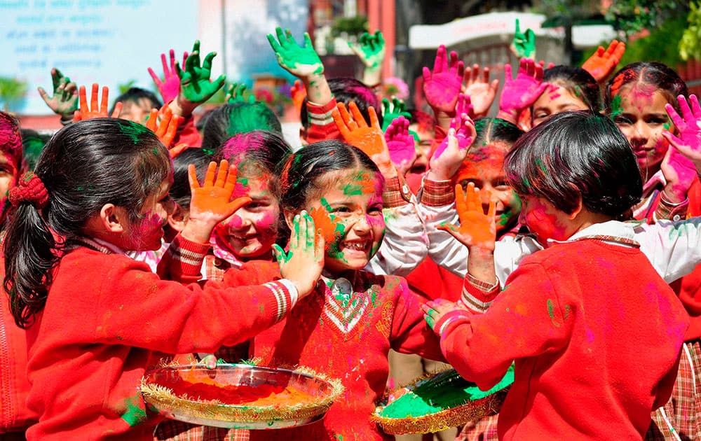 School children celebrating Holi in Patiala.