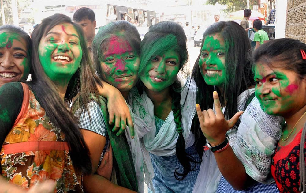  College girls celebrate Holi, the festival of colors in Guwahati.