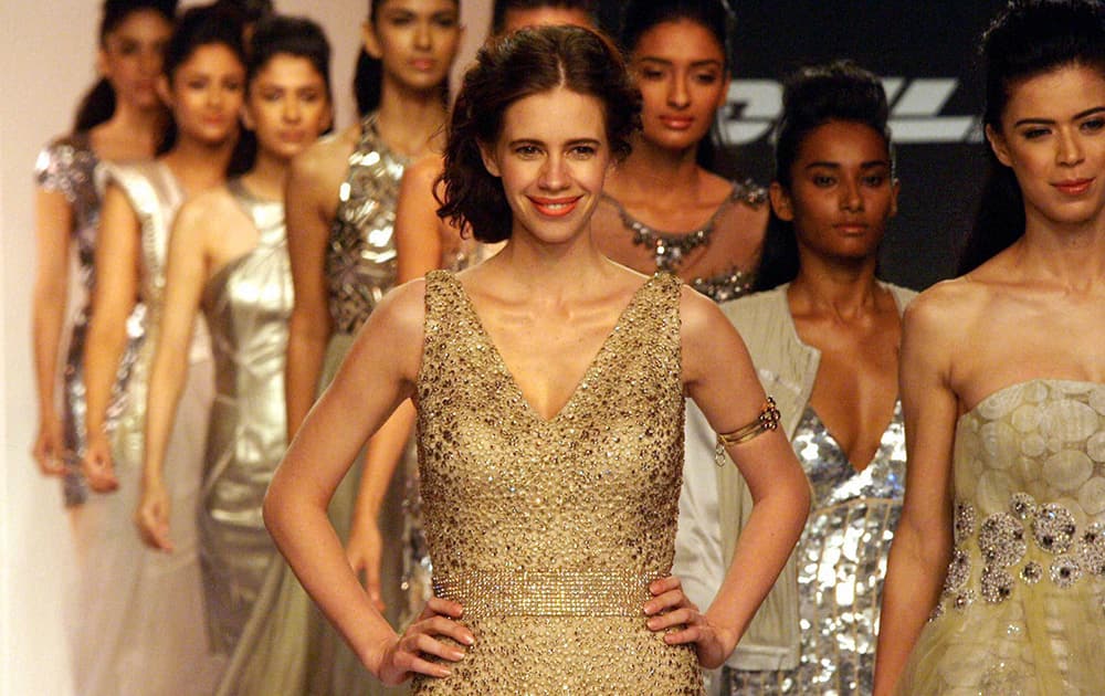 Actress Kalki Koechlin walks the ramp during the Lakme Fashion Week 2014, in Mumbai.