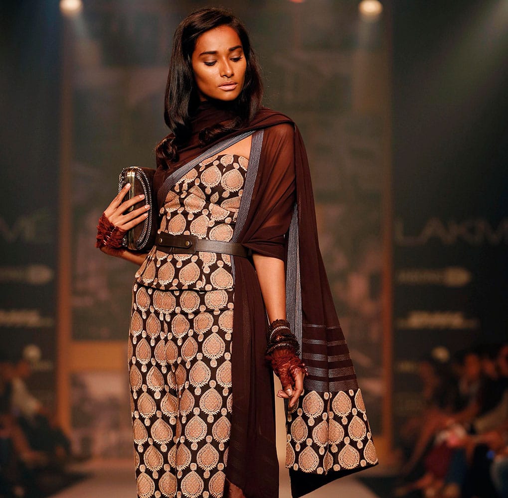 A model displays a creation by designers Shantanu and Nikhil during the Lakme Fashion Week in Mumbai.