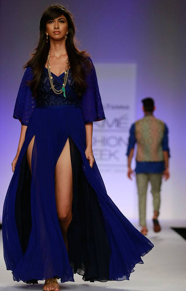 A model displays a creation by designers S.S.Surya during the Lakme Fashion Week in Mumbai.